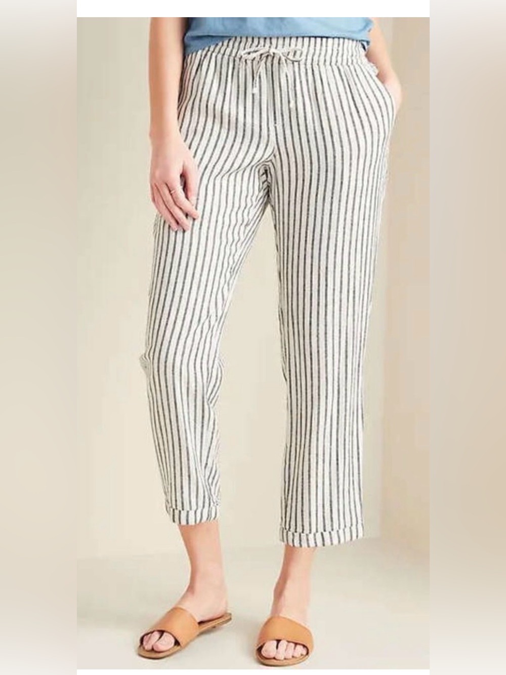 Old Navy Striped Drawstring Linen Rayon Crop Pants XL White Black